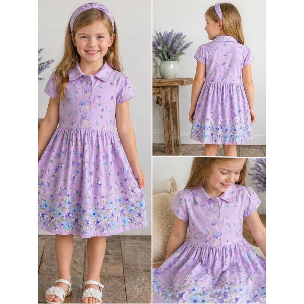 Hanna Andersson Purple Floral Dress Girls Size 6 Cotton Collared Easter Spring